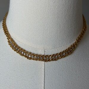 Vintage Elegant Gold Tone Double Chain Necklace with Rhinestones / 90 Statement